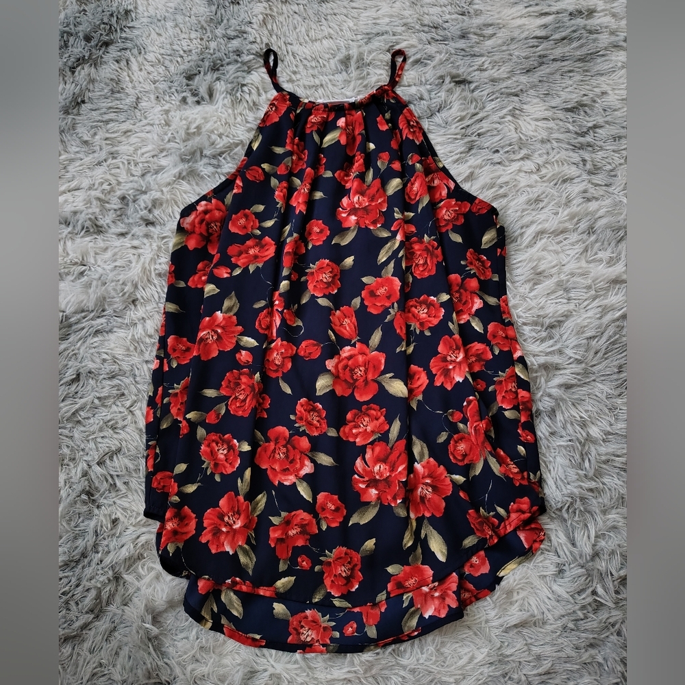 ☀️5/$25☀️ Lush Women's Medium Blue w/ Red Rose Pattern Spaghetti Strap Tank